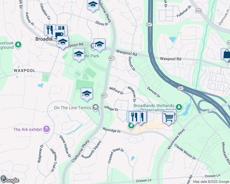 map of restaurants, bars, coffee shops, grocery stores, and more near 40393 Milford Drive in Broadlands