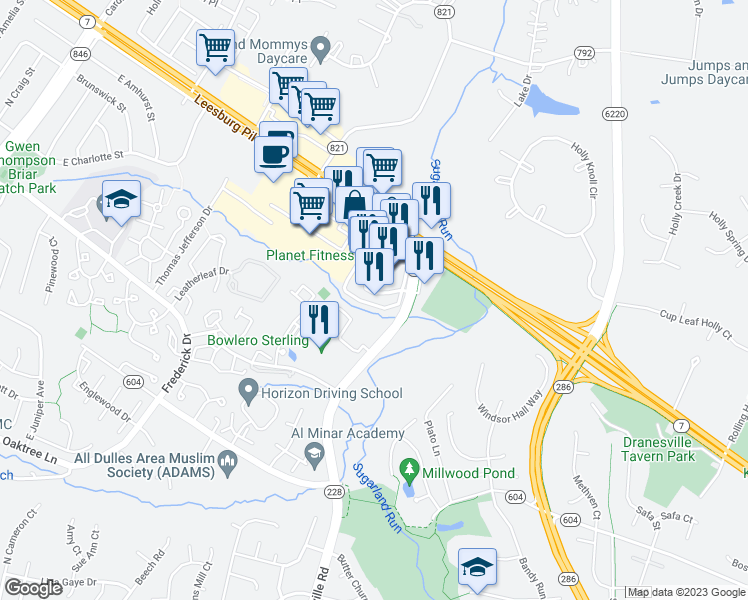 map of restaurants, bars, coffee shops, grocery stores, and more near 12340 Towncenter Plaza in Sterling