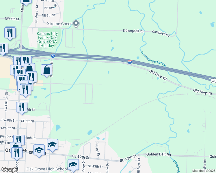 map of restaurants, bars, coffee shops, grocery stores, and more near Southeast 4th Street in Oak Grove