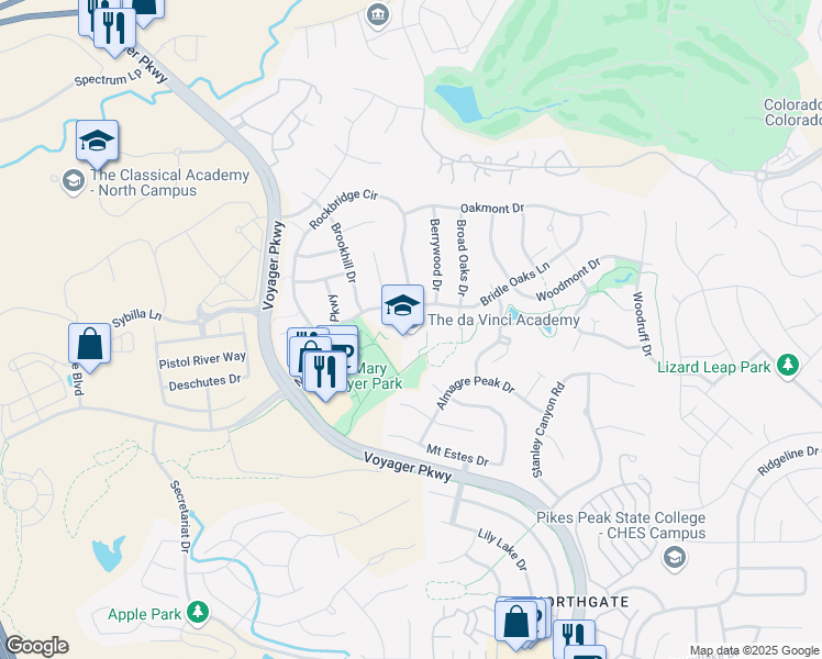 map of restaurants, bars, coffee shops, grocery stores, and more near 1335 Bridle Oaks Lane in Colorado Springs