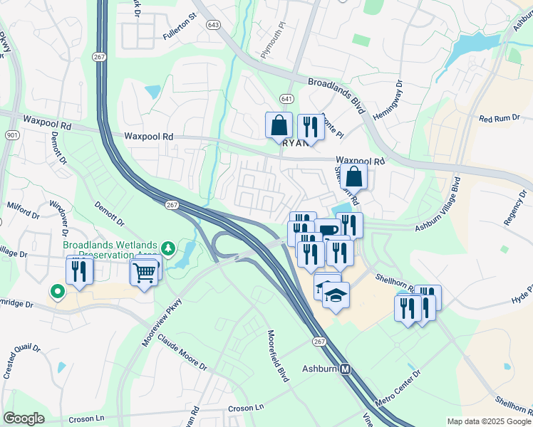 map of restaurants, bars, coffee shops, grocery stores, and more near 43573 Patching Pond Square in Ashburn