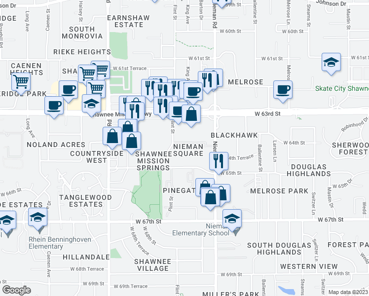 map of restaurants, bars, coffee shops, grocery stores, and more near 11315 West 64th Terrace in Shawnee