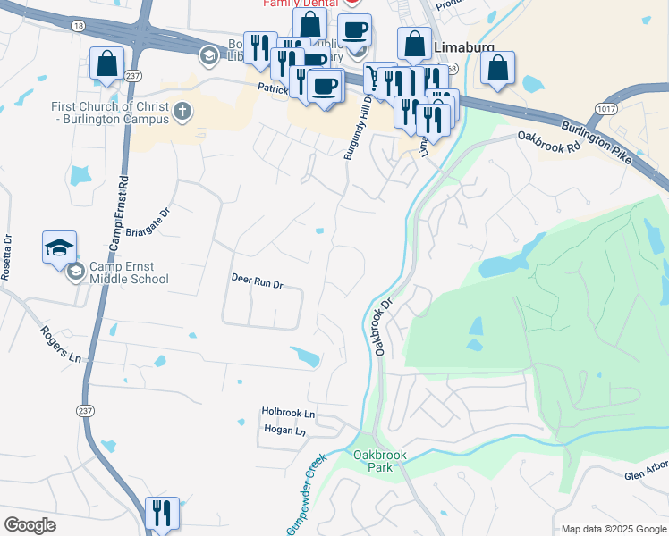 map of restaurants, bars, coffee shops, grocery stores, and more near 2503 Paragon Mill Drive in Burlington