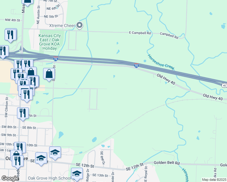 map of restaurants, bars, coffee shops, grocery stores, and more near 403A Southeast Chelsey Lane in Oak Grove