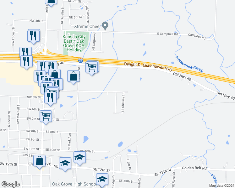 map of restaurants, bars, coffee shops, grocery stores, and more near 404a Southeast Oak Ridge Drive in Oak Grove