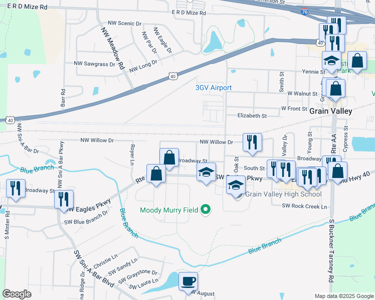 map of restaurants, bars, coffee shops, grocery stores, and more near 200 Aaron Lane in Grain Valley