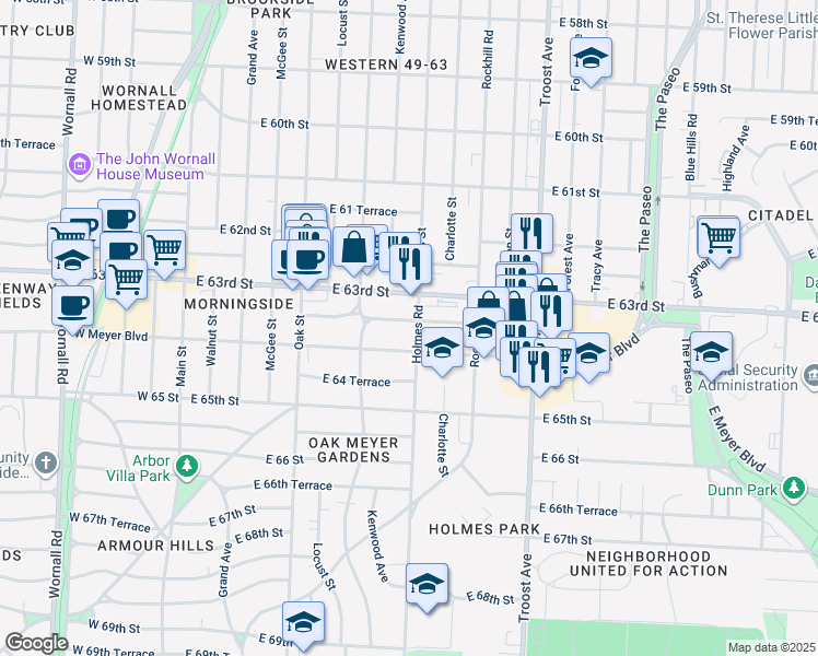 map of restaurants, bars, coffee shops, grocery stores, and more near 648 East Meyer Boulevard in Kansas City