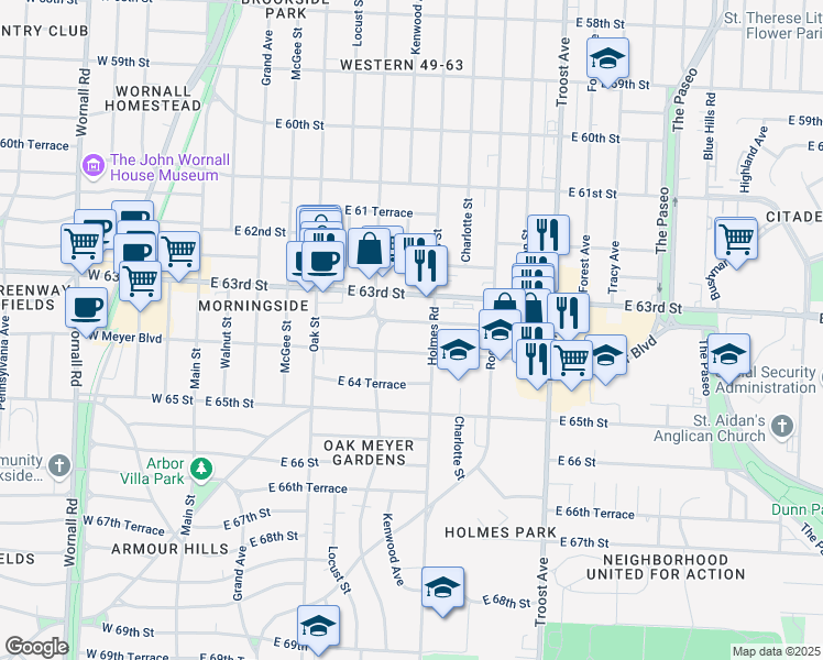 map of restaurants, bars, coffee shops, grocery stores, and more near 648 East Meyer Boulevard in Kansas City