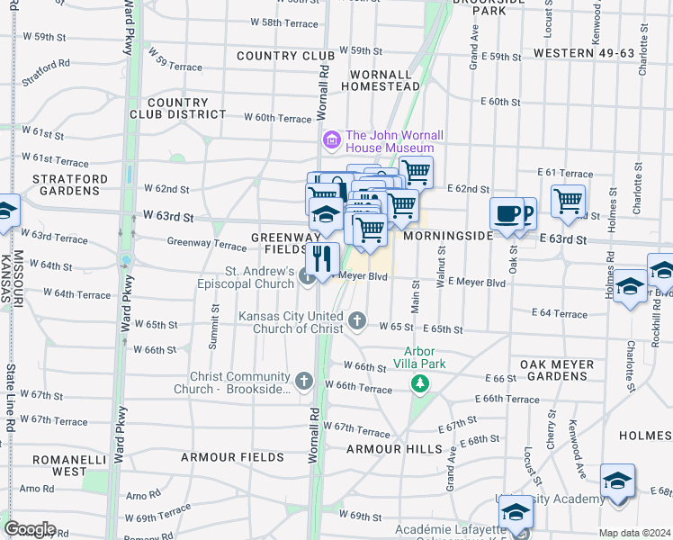 map of restaurants, bars, coffee shops, grocery stores, and more near 333 West Meyer Boulevard in Kansas City