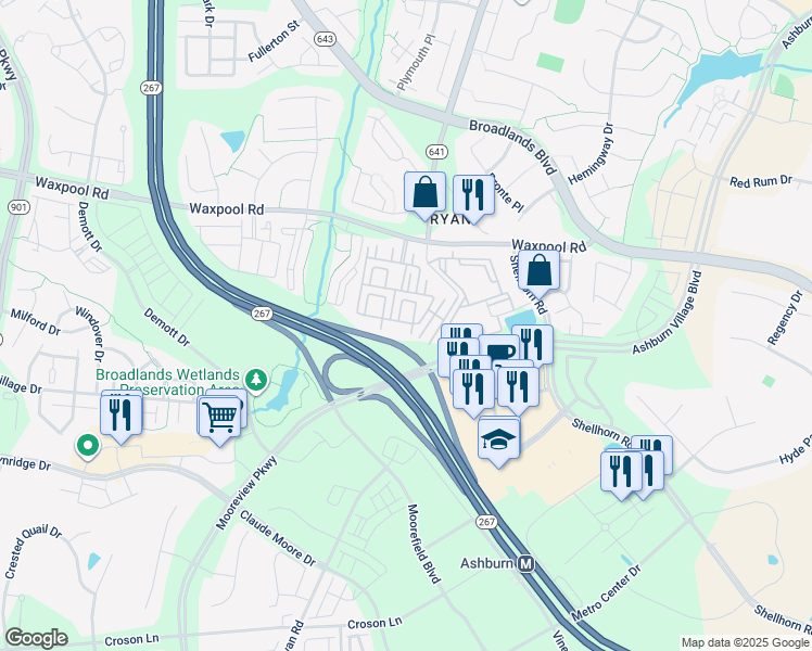 map of restaurants, bars, coffee shops, grocery stores, and more near 43585 Patching Pond Square in Ashburn