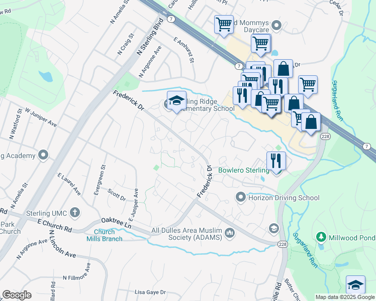 map of restaurants, bars, coffee shops, grocery stores, and more near 46716 Bullfinch Square in Sterling
