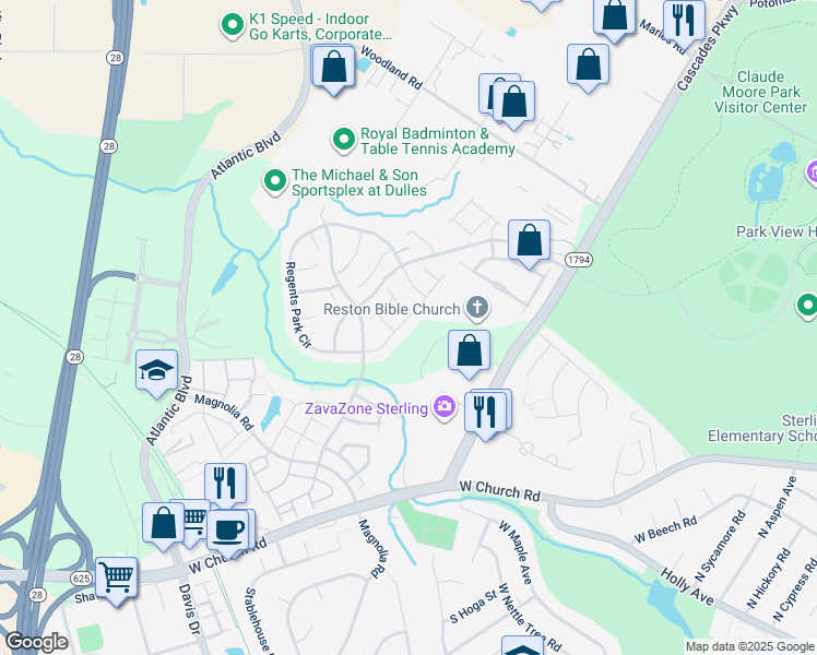 map of restaurants, bars, coffee shops, grocery stores, and more near 45677 Paddington Station Terrace in Sterling