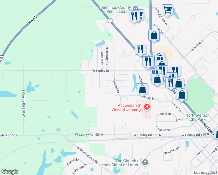 map of restaurants, bars, coffee shops, grocery stores, and more near 139 Brookside Drive in North Vernon