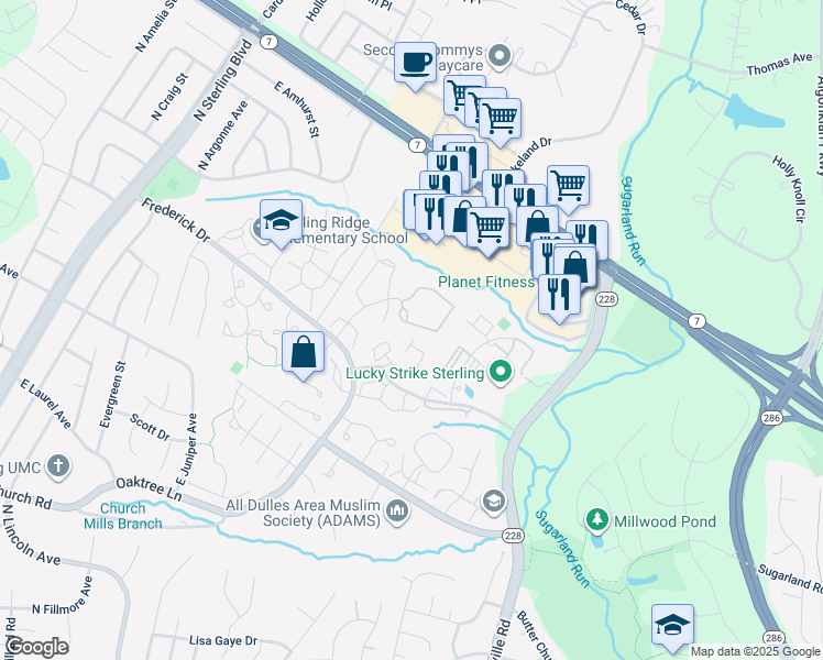 map of restaurants, bars, coffee shops, grocery stores, and more near 46930 Trumpet Circle in Sterling