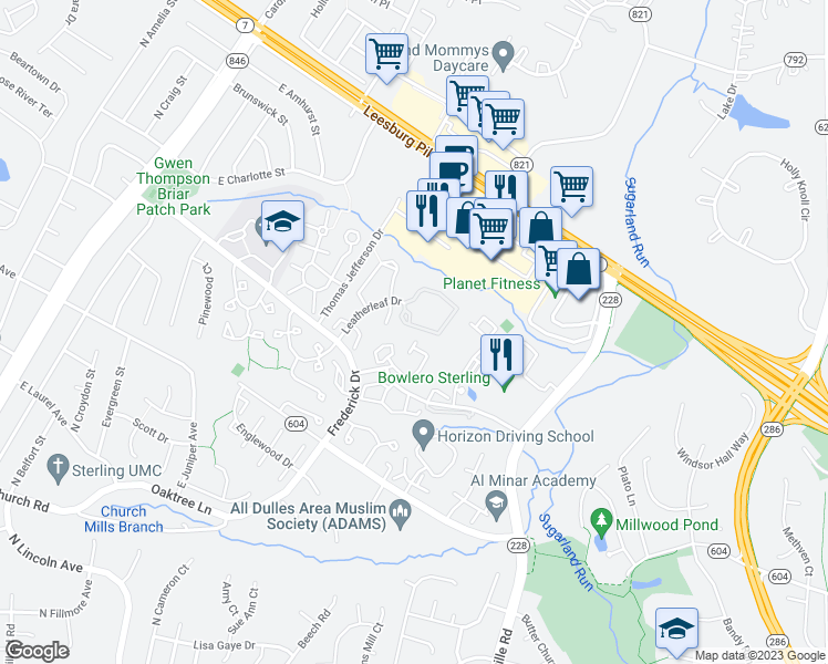 map of restaurants, bars, coffee shops, grocery stores, and more near 46930 Trumpet Circle in Sterling