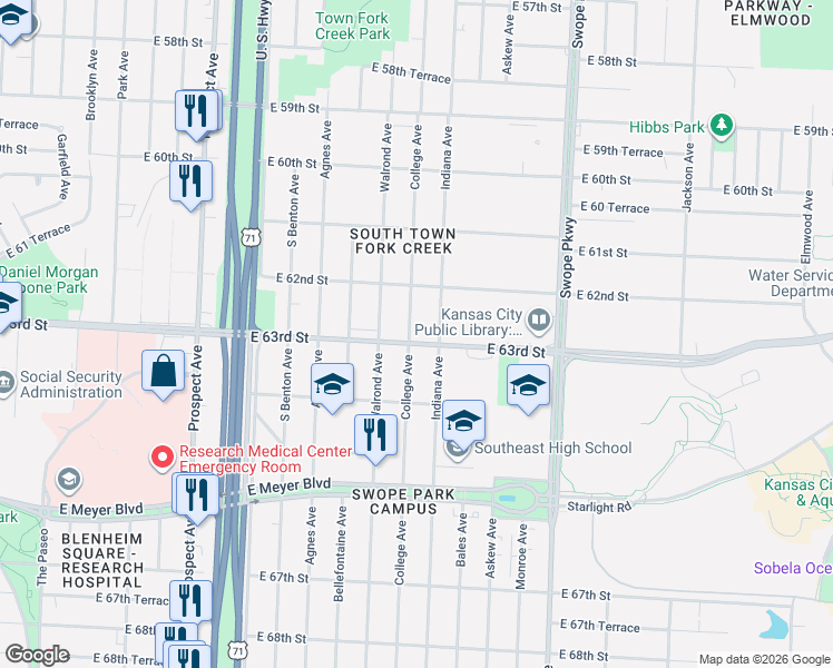 map of restaurants, bars, coffee shops, grocery stores, and more near 6301 College Avenue in Kansas City