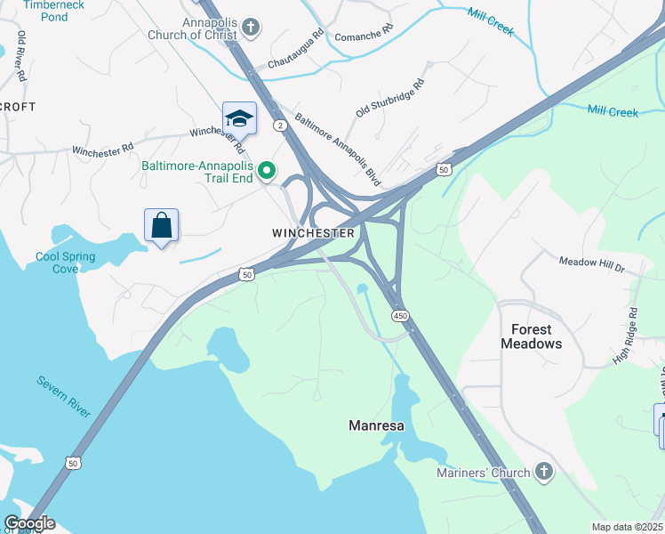 map of restaurants, bars, coffee shops, grocery stores, and more near Boulters Way in Annapolis