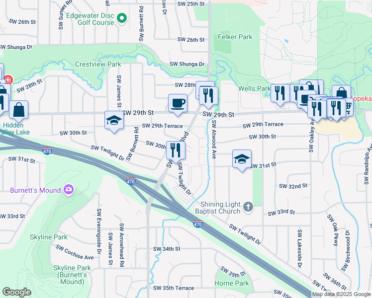 map of restaurants, bars, coffee shops, grocery stores, and more near 2940 Southwest Gage Boulevard in Topeka