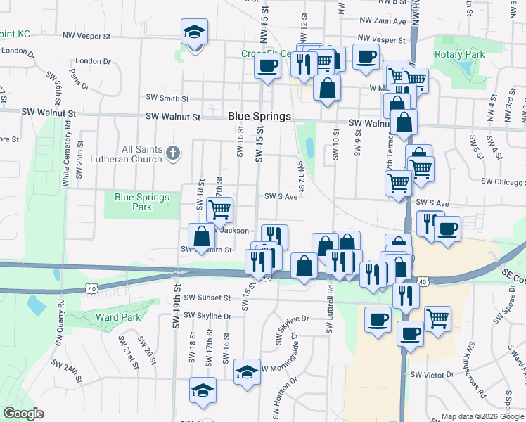 map of restaurants, bars, coffee shops, grocery stores, and more near 1304 Southwest Eugene Street in Blue Springs