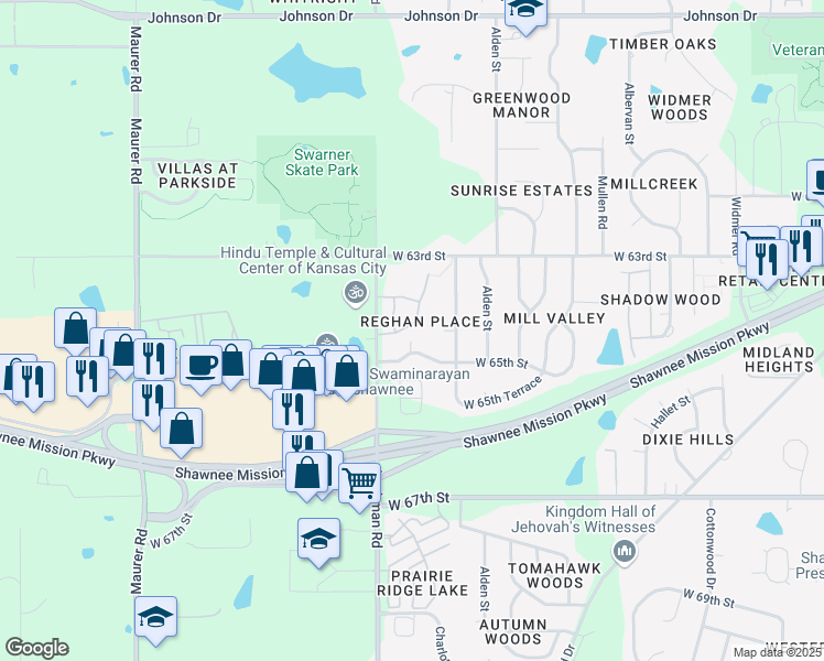 map of restaurants, bars, coffee shops, grocery stores, and more near 14913 West 64th Terrace in Shawnee