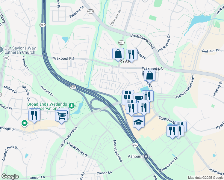 map of restaurants, bars, coffee shops, grocery stores, and more near 43573 Patching Pond Square in Ashburn