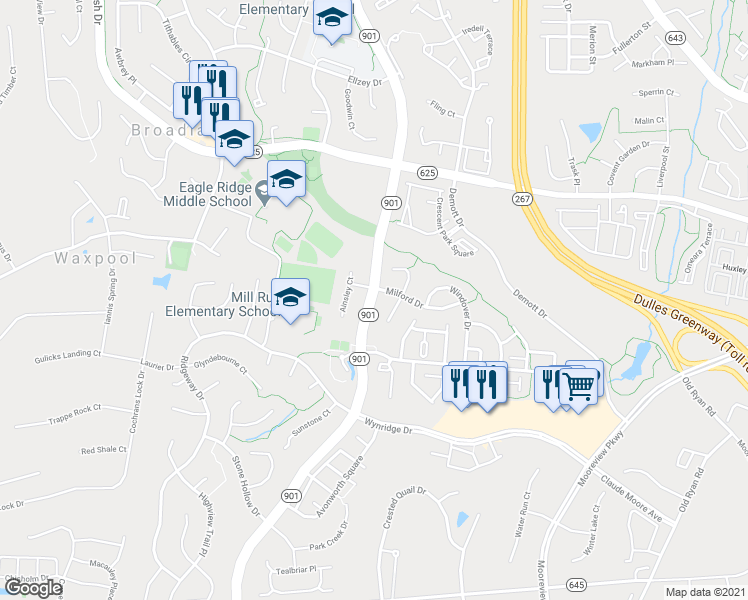 map of restaurants, bars, coffee shops, grocery stores, and more near 21821 Petworth Court in Ashburn