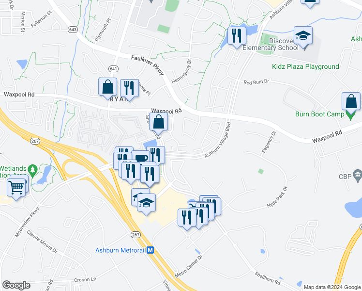map of restaurants, bars, coffee shops, grocery stores, and more near 43735 Clear Lake Square in Ashburn