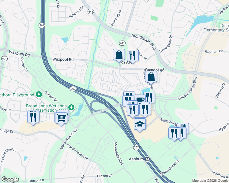 map of restaurants, bars, coffee shops, grocery stores, and more near 43589 Patching Pond Square in Ashburn