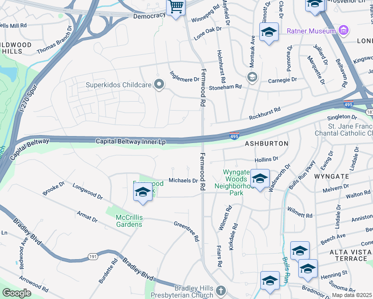 map of restaurants, bars, coffee shops, grocery stores, and more near 9534 Fernwood Road in Bethesda