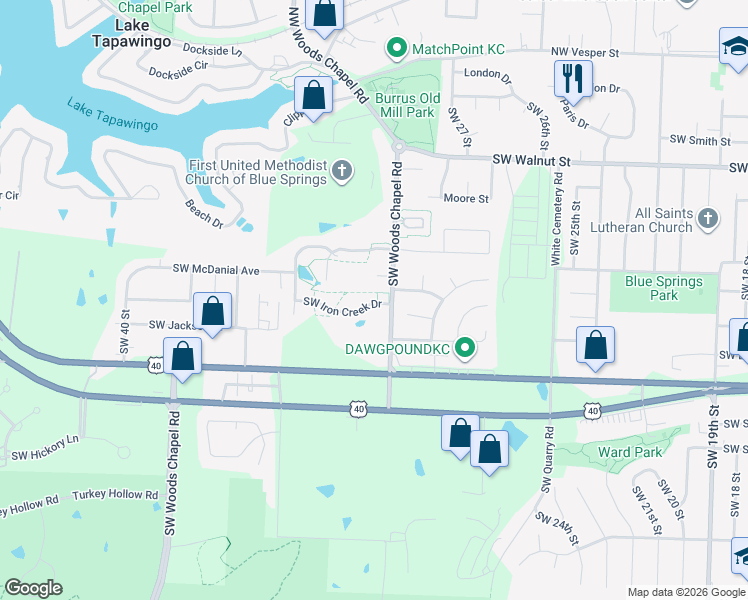 map of restaurants, bars, coffee shops, grocery stores, and more near 805 Southwest Iron Creek Drive in Blue Springs