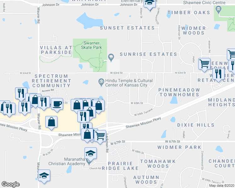 map of restaurants, bars, coffee shops, grocery stores, and more near 14917 West 64th Terrace in Shawnee