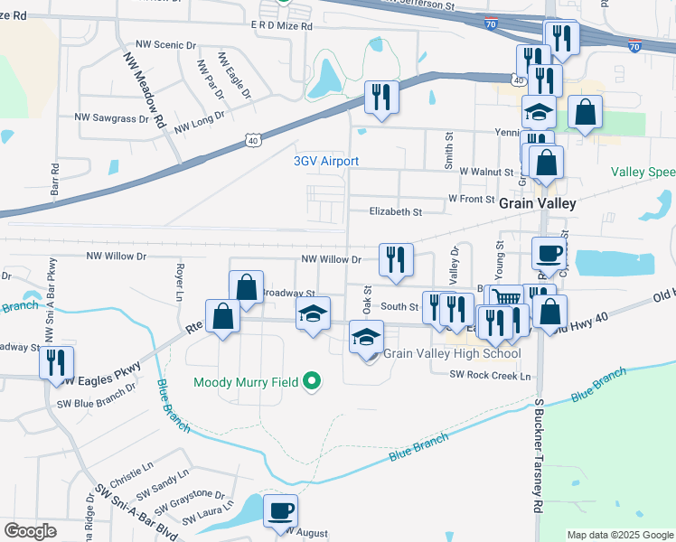 map of restaurants, bars, coffee shops, grocery stores, and more near 206 East E Kirby Road in Grain Valley
