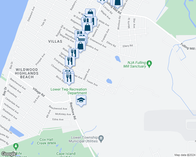 map of restaurants, bars, coffee shops, grocery stores, and more near 1 Federal Lane in Villas