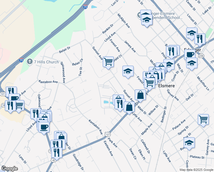map of restaurants, bars, coffee shops, grocery stores, and more near 155G17 Green River Drive in Erlanger