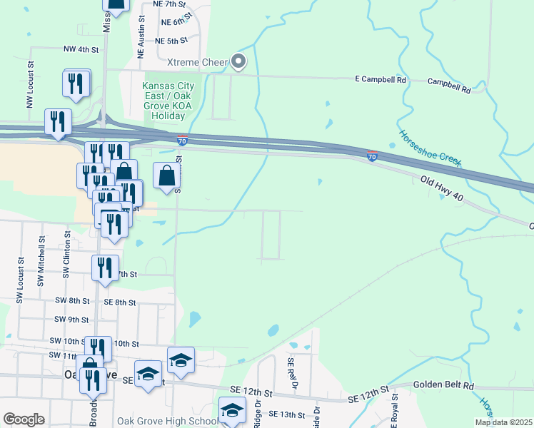 map of restaurants, bars, coffee shops, grocery stores, and more near 404a Southeast Oak Ridge Drive in Oak Grove