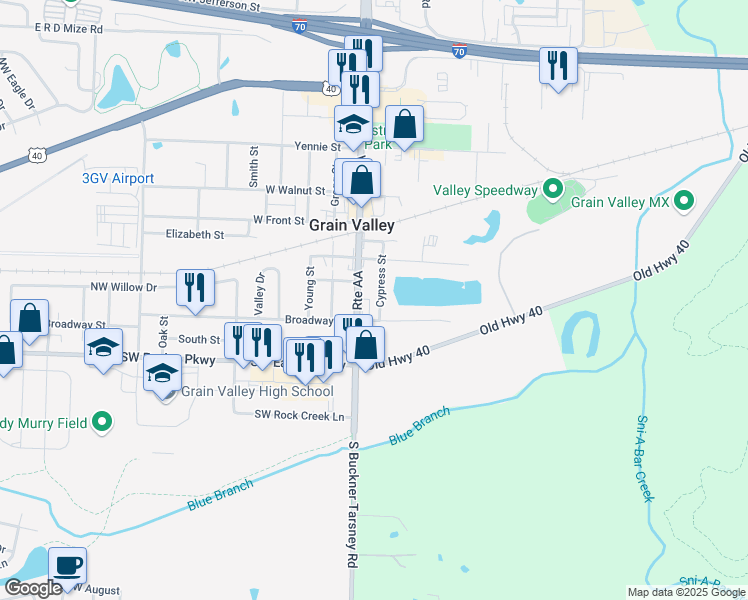 map of restaurants, bars, coffee shops, grocery stores, and more near 201 Cypress Street in Grain Valley