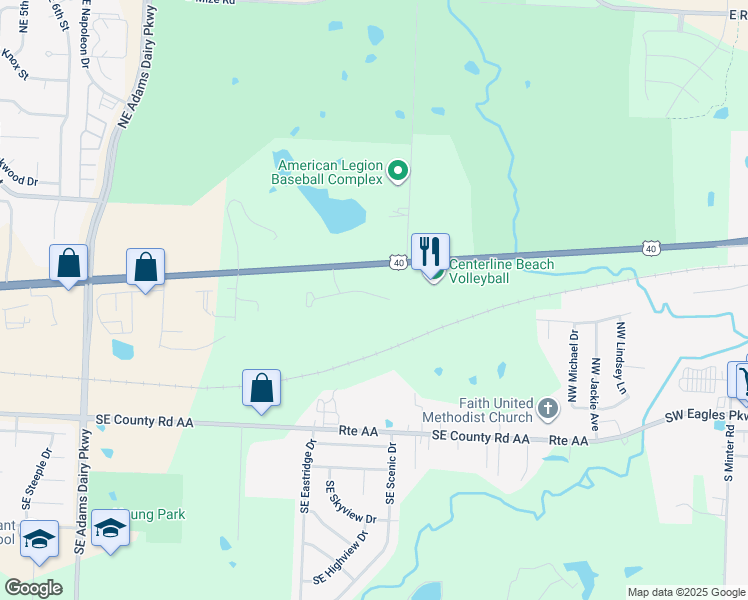 map of restaurants, bars, coffee shops, grocery stores, and more near 1822 Southeast Timbercreek Court in Blue Springs