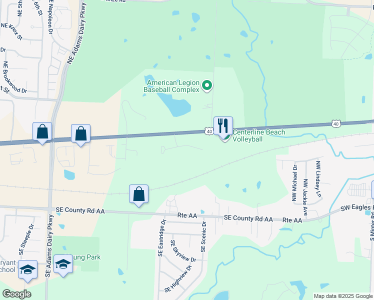 map of restaurants, bars, coffee shops, grocery stores, and more near 1822 Southeast Timbercreek Court in Blue Springs