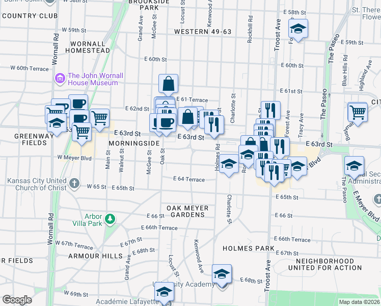 map of restaurants, bars, coffee shops, grocery stores, and more near 610 East Meyer Boulevard in Kansas City