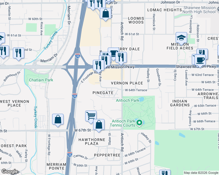 map of restaurants, bars, coffee shops, grocery stores, and more near 9000 West 62nd Terrace in Mission