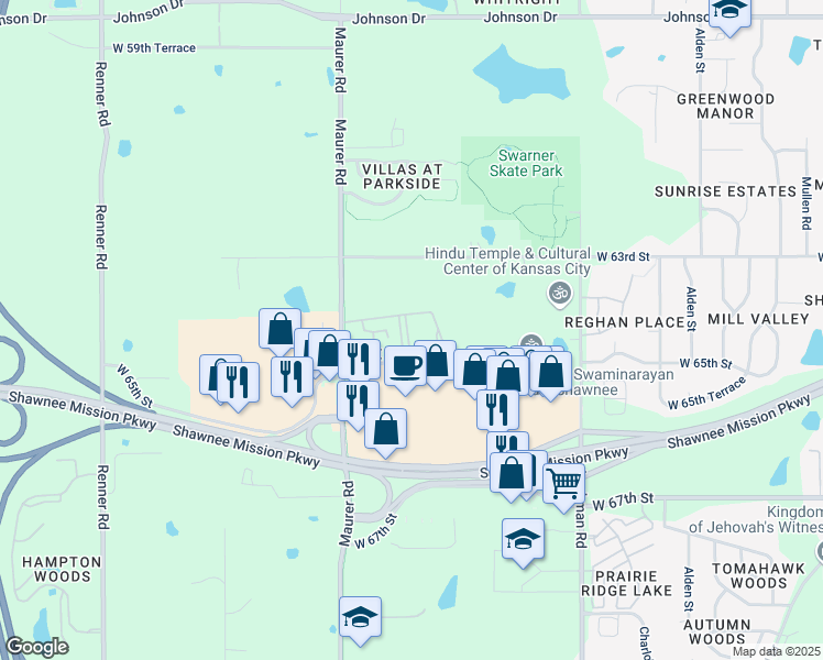 map of restaurants, bars, coffee shops, grocery stores, and more near 15740 Maurer Road in Shawnee