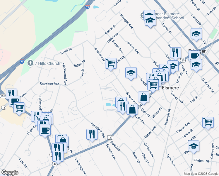 map of restaurants, bars, coffee shops, grocery stores, and more near 155G17 Green River Drive in Erlanger