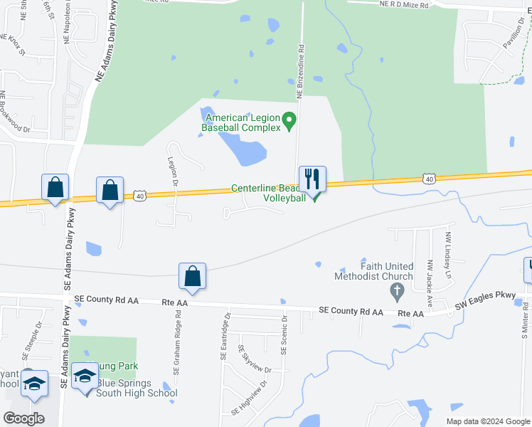 map of restaurants, bars, coffee shops, grocery stores, and more near 1822 Southeast Timbercreek Court in Blue Springs