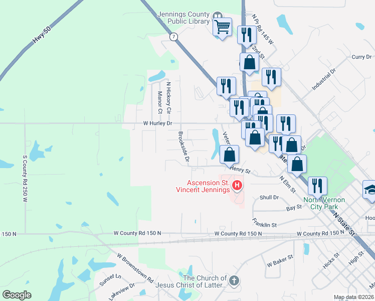 map of restaurants, bars, coffee shops, grocery stores, and more near 139 Brookside Drive in North Vernon