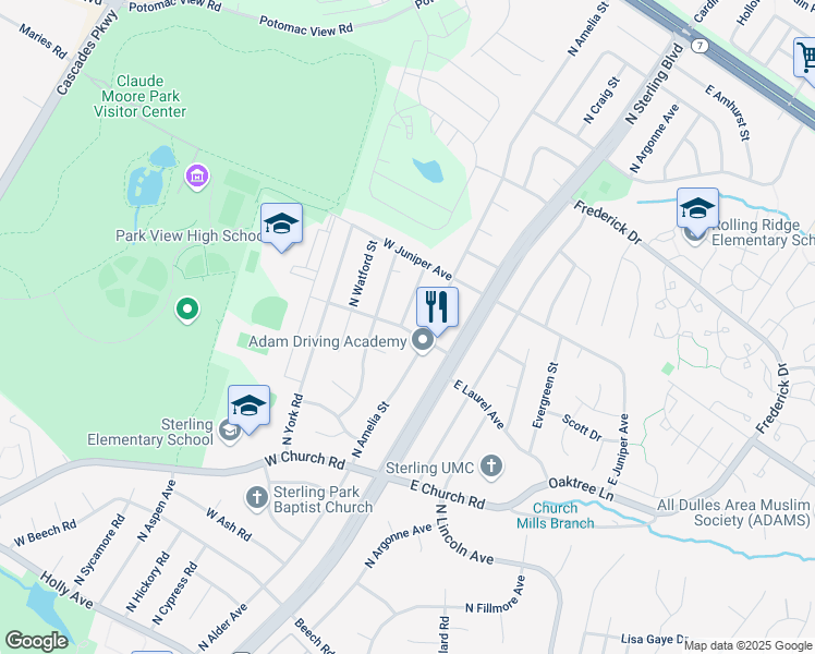 map of restaurants, bars, coffee shops, grocery stores, and more near 45577 Shepard Drive in Sterling