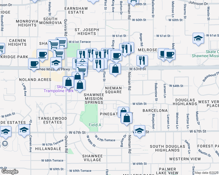 map of restaurants, bars, coffee shops, grocery stores, and more near 11309 West 64th Terrace in Shawnee