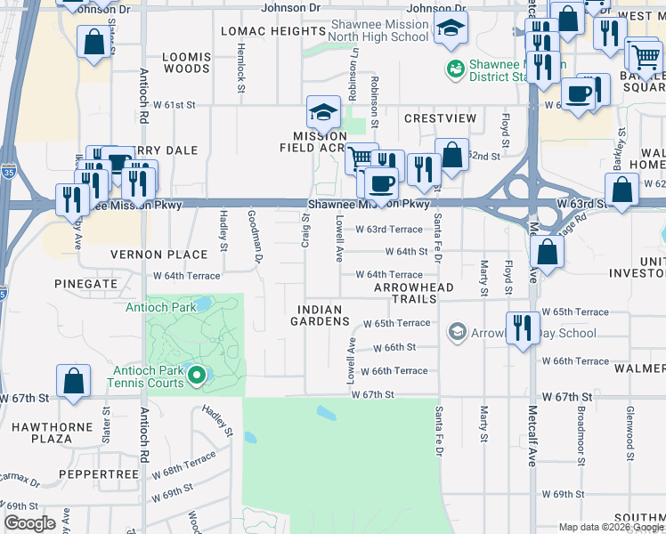 map of restaurants, bars, coffee shops, grocery stores, and more near 7821 West 64th Terrace in Mission