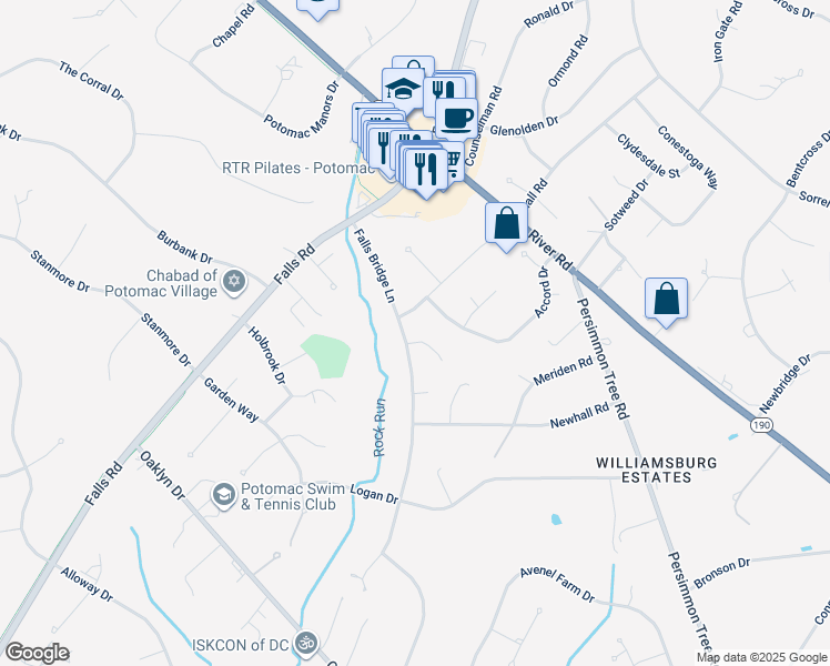 map of restaurants, bars, coffee shops, grocery stores, and more near 10121 Donegal Court in Potomac