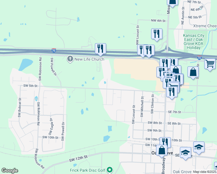 map of restaurants, bars, coffee shops, grocery stores, and more near 500 Southwest Station Street in Oak Grove