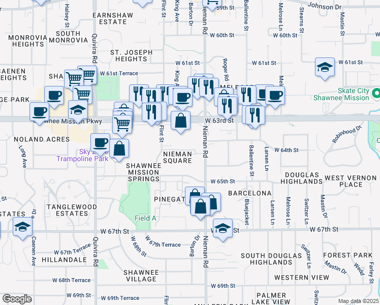 map of restaurants, bars, coffee shops, grocery stores, and more near 11223 West 64th Terrace in Shawnee